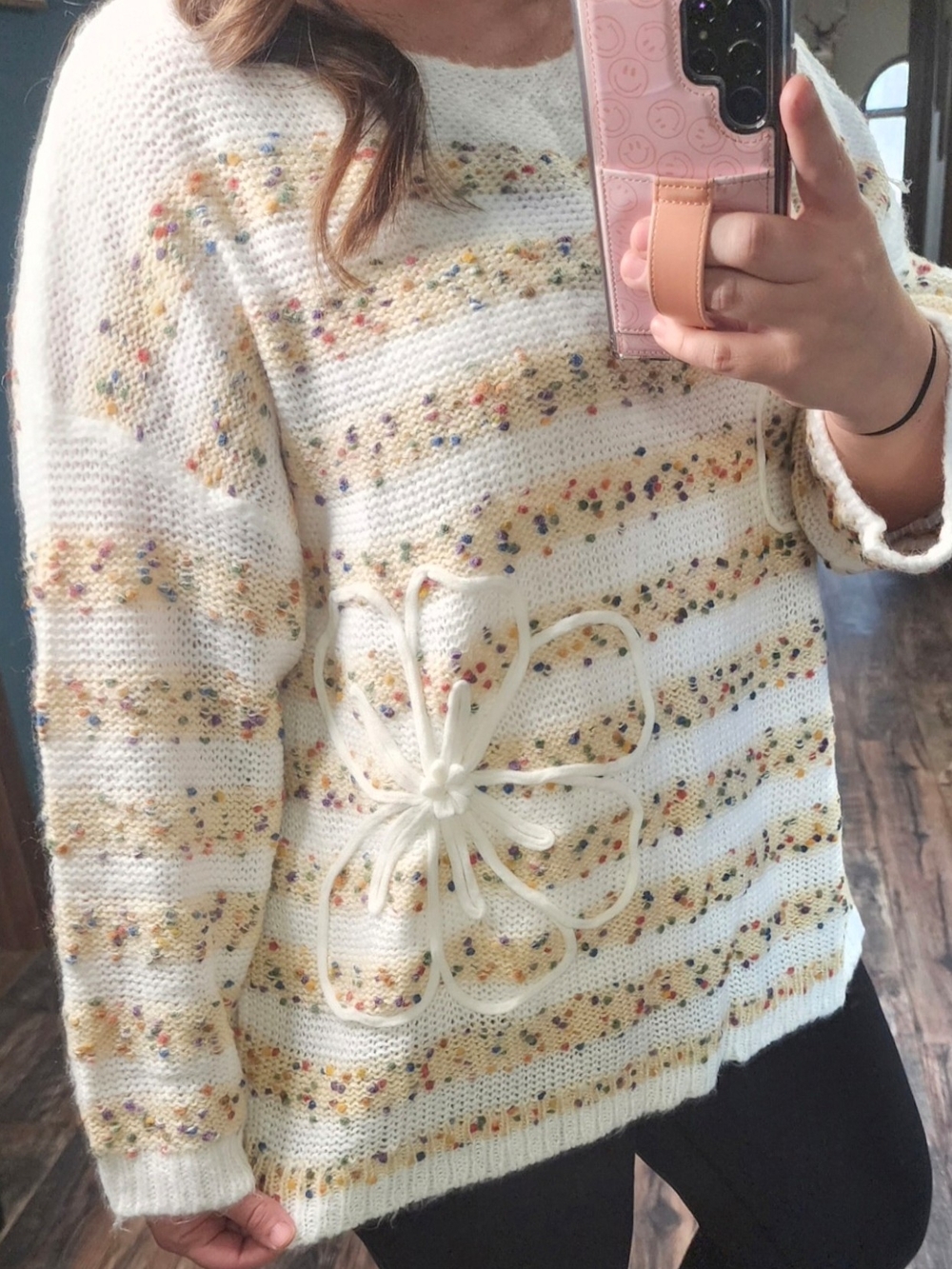 Cream Knit Floral-Accent Sweater